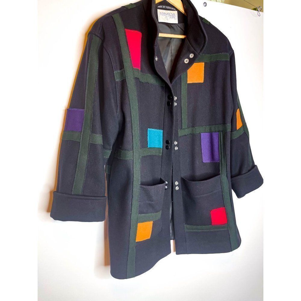 Vintage Retro Black Wool Colorblock Coat Funky - Picture 2 of 9